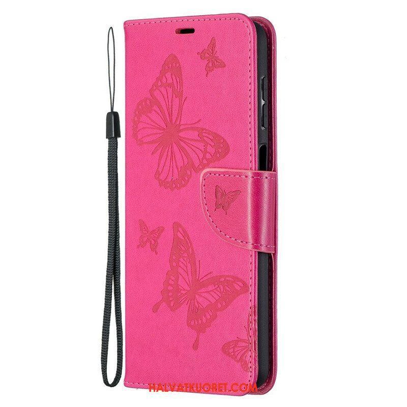 Flip Case Samsung Galaxy M12 / A12 Perhosia Lennossa Lanyardin Kanssa