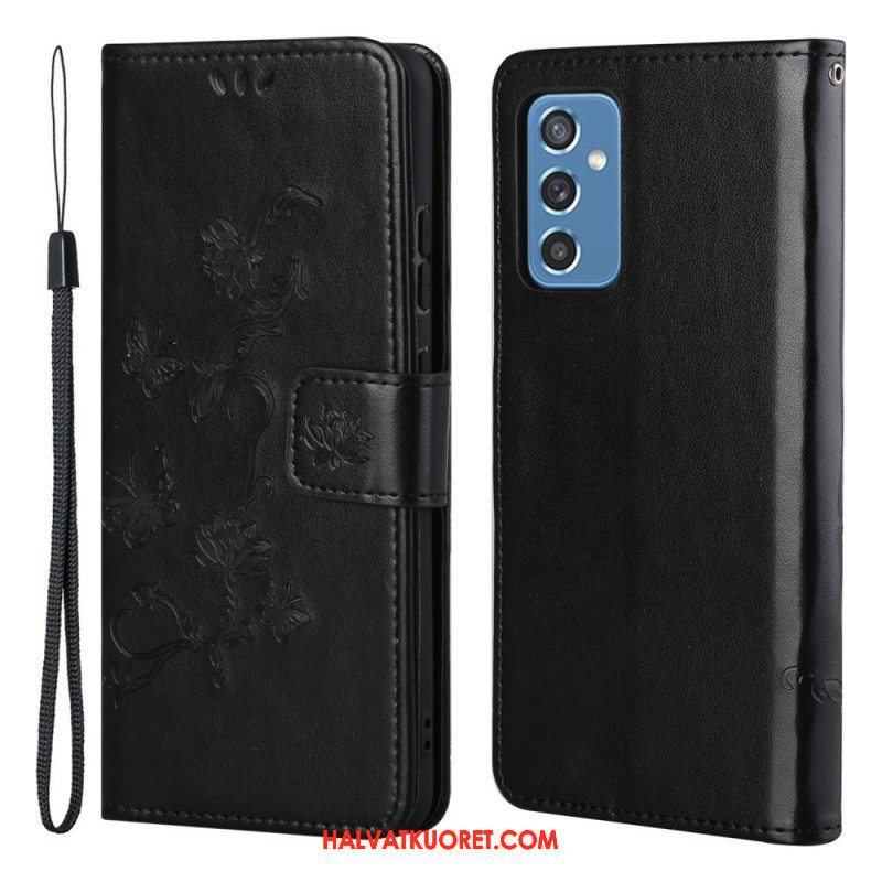 Flip Case Samsung Galaxy M52 5G Suojaketju Kuori Perhoset Ja Kukat -hihna