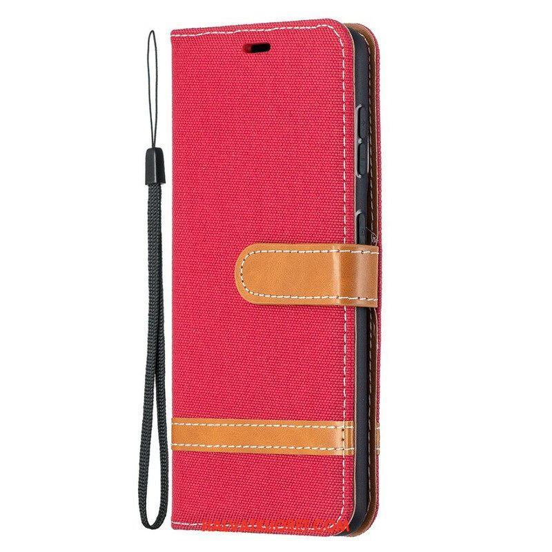 Flip Case Samsung Galaxy S21 5G Suojaketju Kuori Kangas- Ja Nahkaefektihihna