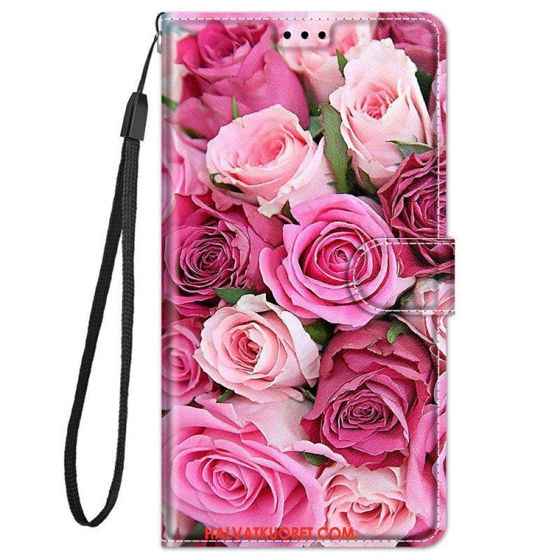 Flip Case Xiaomi Redmi Note 11 Pro Plus 5G Ruusuja Kaulanauhalla