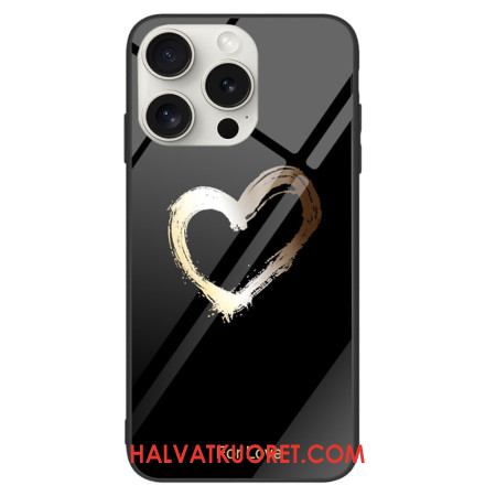 Case iPhone 16 Pro Max Puhelinkuoret Kultainen Sydänkarkaistu Lasi Mustalla Taustalla