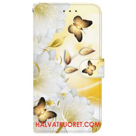 Kuoret iPhone 16 Pro Kultaisia Perhosia Ja Valkoisia Kukkia Hihnalla